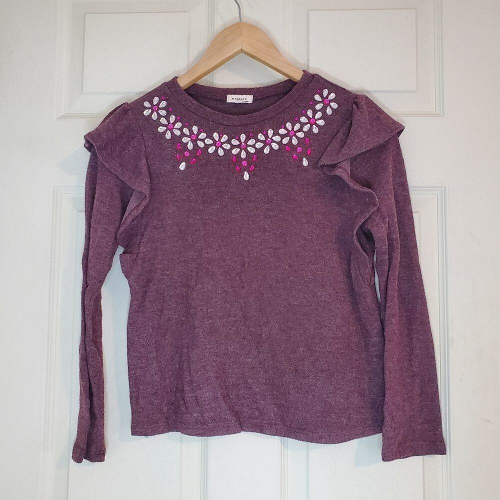 Monteau large girls  crewneck burgundy wool sweater with ruffles on the sleeve